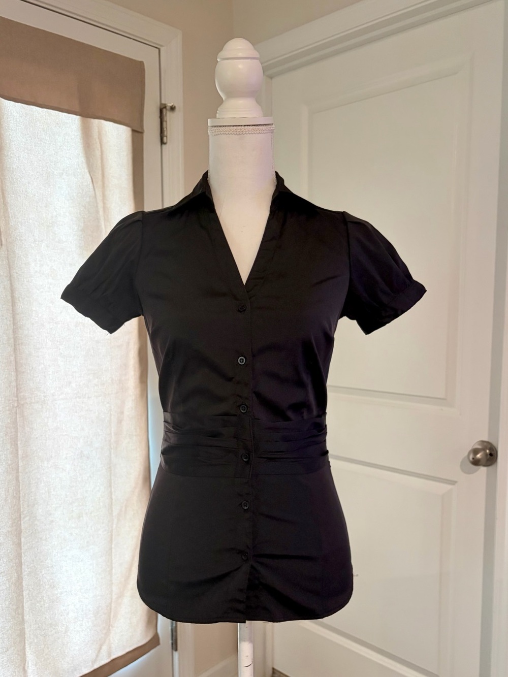 Y2K Black Short-Sleeve Button-Up Top with Tie Waist Size S Emo Goth Office Siren